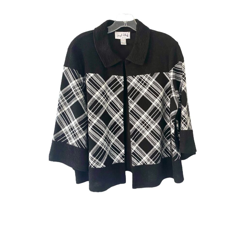 Joseph Ribkoff Quarter Sleeve Collared BLK/Silver Plaid Crop  Cardigan Sz 12